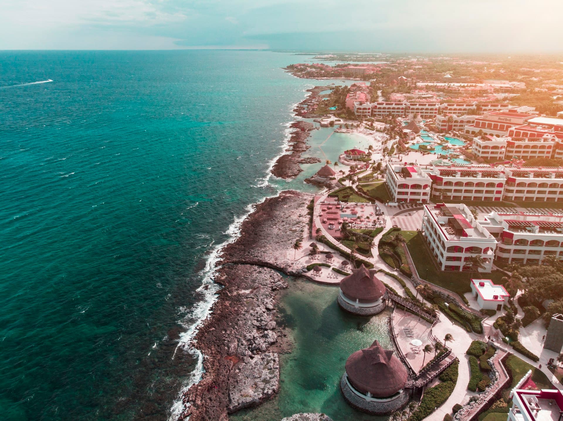 Aerial view of Playa del Carmen and the Riviera Maya coastline — turquoise Caribbean water and white sand