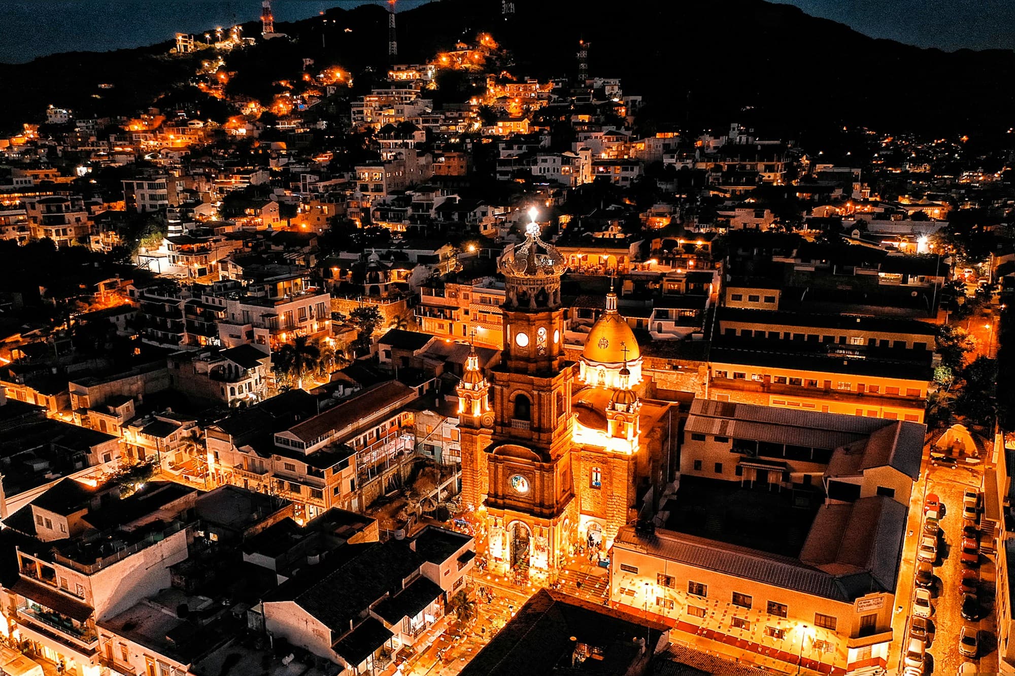 Bird's-eye view of Puerto Vallarta's Old Town illuminated at night