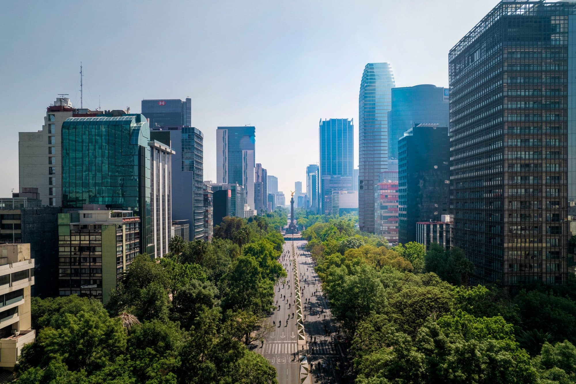 Aerial rendering along Paseo de la Reforma with the Thompson Residences Mexico City tower in context