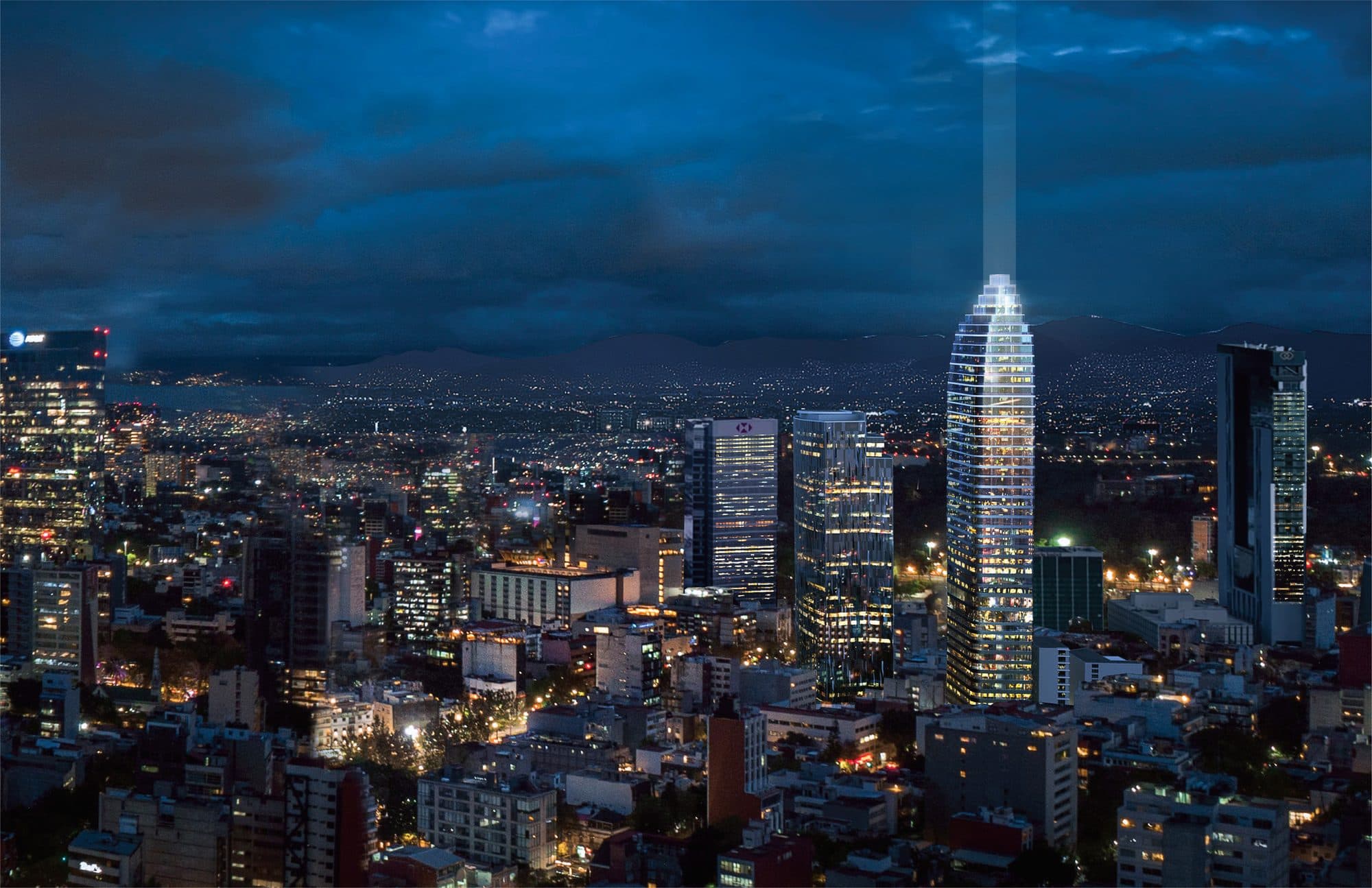 Thompson Mexico City Hotel & Residences — illuminated tower at night above the Reforma skyline