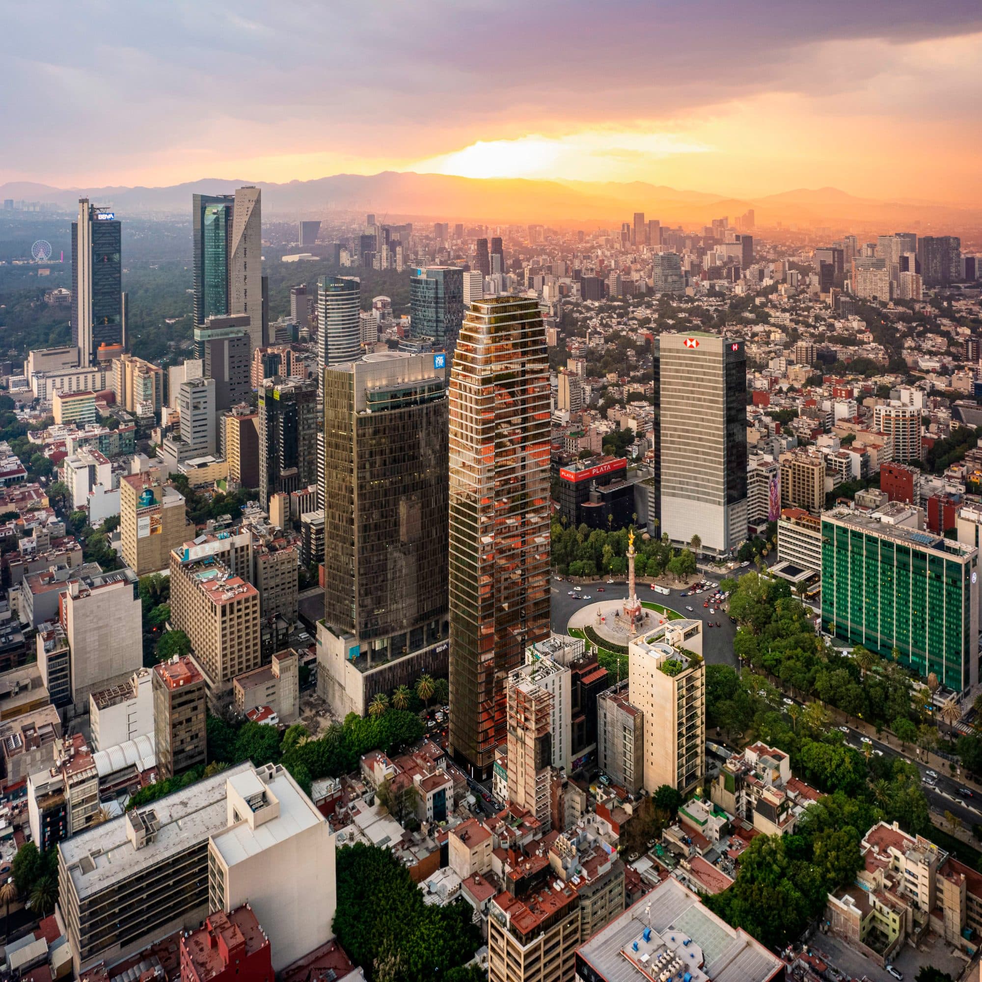 Aerial rendering of the Thompson Mexico City tower against the CDMX skyline at sunset
