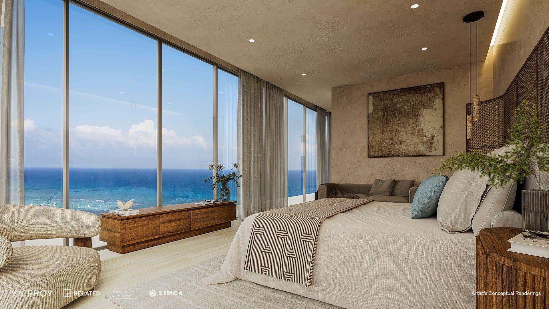 Primary bedroom with an ocean-facing wall of glass.