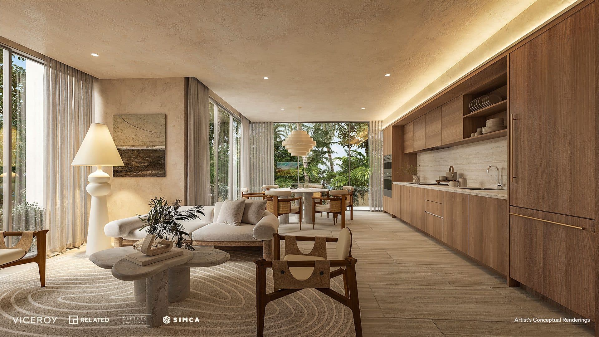 Great room with warm plaster ceiling, wood kitchen, and garden view.