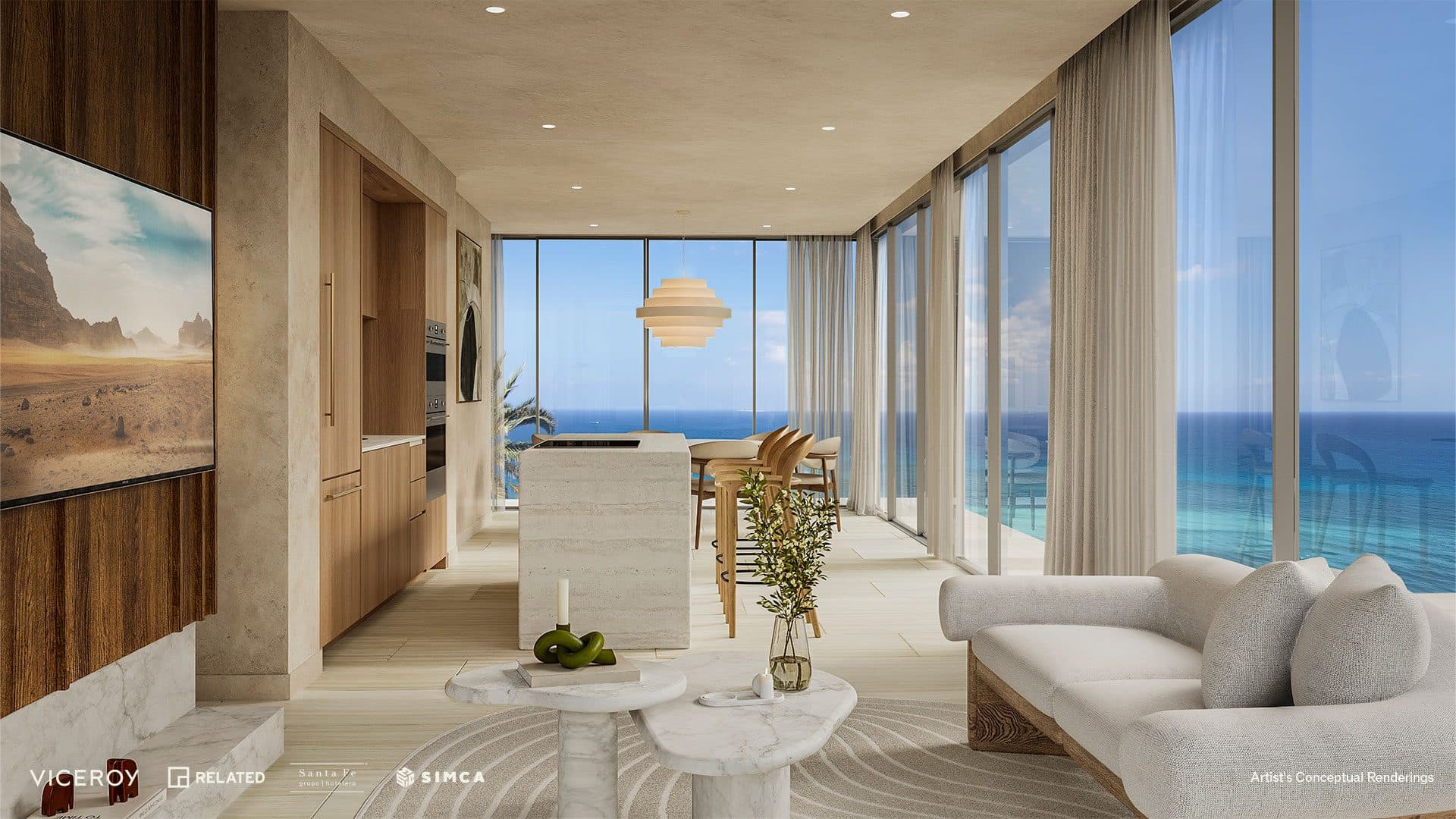 Living and dining area with hand-painted art and full ocean views.